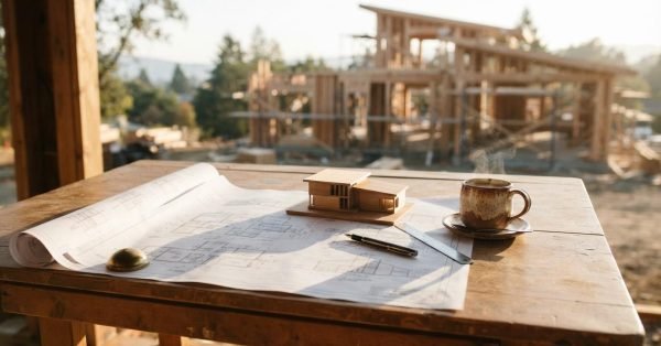 Unrolled blueprints, miniature wooden house model, pen, ruler, and steaming coffee cup on a wooden table overlooking an active house construction site