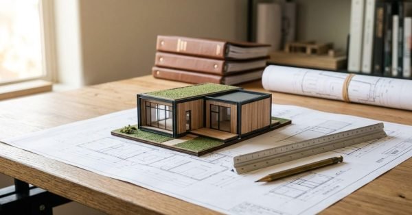 Architectural scale model of a modern modular home with a green roof, resting on a printed blueprint with a triangular scale ruler, pencil, and leather binders on a wooden desk