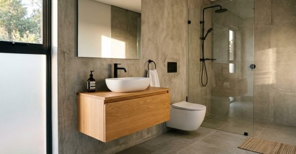 A modern minimalist bathroom featuring concrete-effect walls, a floating oak vanity with a white vessel sink, matte black fixtures, a wall-hung toilet, and a walk-in glass shower enclosure