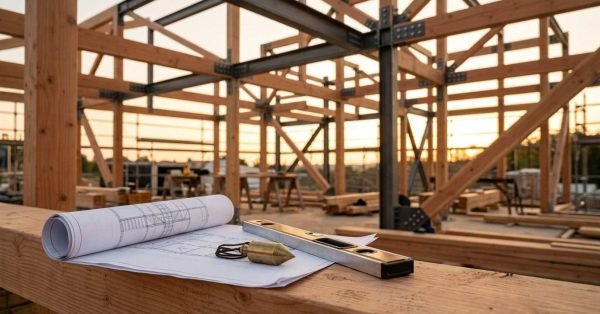A rolled set of architectural blueprints, a brass plumb bob, and a spirit level resting on a timber beam at a mass timber and steel framing construction site during sunset