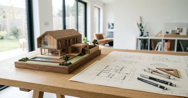 Detailed wooden scale model house on a wooden desk alongside architectural blueprints, drafting compass, set square, and mechanical pencils in a modern studio