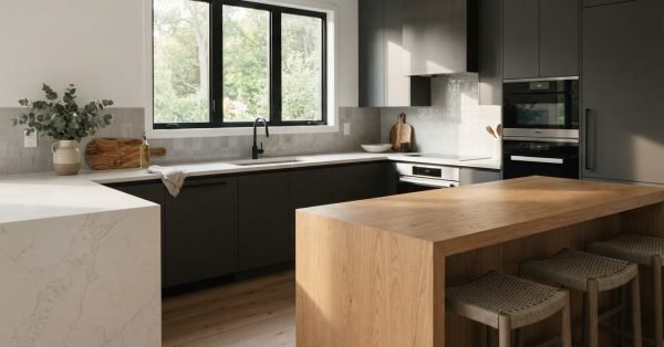 A modern minimalist kitchen featuring matte charcoal cabinetry, a white quartz waterfall counter, an oak waterfall island with woven barstools, and built-in wall ovens under a large picture window