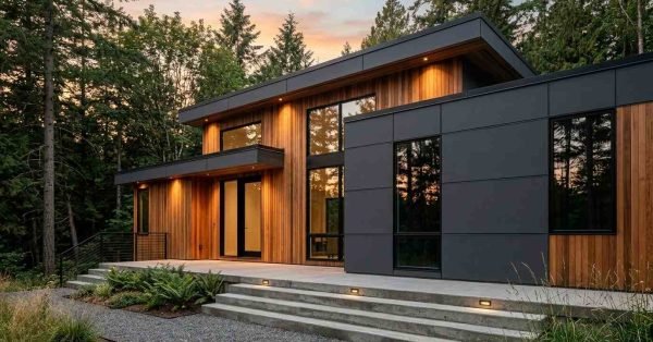 A contemporary modular prefab home with vertical cedar wood siding, matte charcoal architectural panels, large glass windows, and concrete patio steps surrounded by evergreen forest at dusk