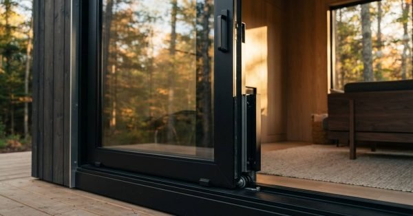 A heavy-duty black aluminum lift-and-slide glass patio door open along a flush floor track, reflecting the surrounding forest and connecting an outdoor wooden deck to a modern interior living space