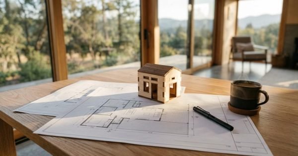 Miniature wooden house model, printed architectural floor plans, black pen, and a steaming coffee mug on a wooden table in front of large windows overlooking nature