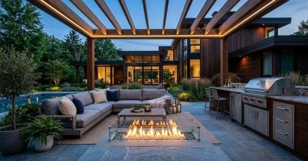 Modern outdoor living space and kitchen patio at dusk featuring a wood pergola with LED strip lighting, sectional sofa, glass-guarded linear fire pit, and built-in stainless steel grill overlooking a swimming pool