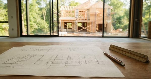 Architectural floor plan drawings, drafting pencil, and triangular scale ruler on a wooden table, with a wood-framed house under construction visible through glass windows