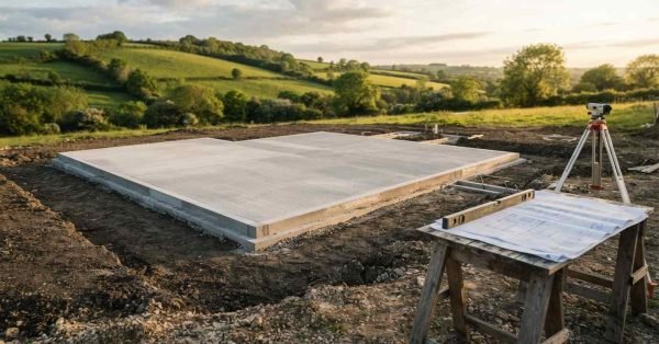 A poured concrete slab foundation on a rural construction site overlooking rolling green hills, with building blueprints on a wooden sawhorse and a land surveyor transit level on a tripod