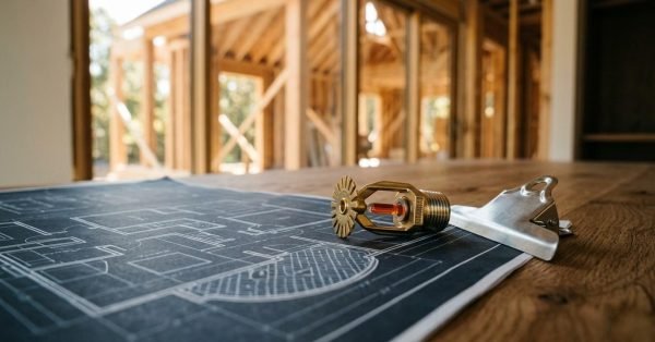 Brass fire sprinkler head resting on a blue floor plan blueprint next to a metal clipboard clip inside a wood-framed house under construction