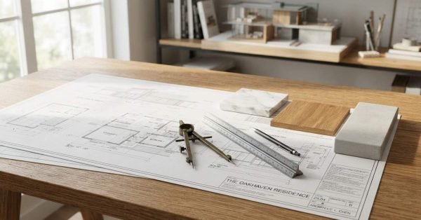 Architectural blueprints labeled "The Oakhaven Residence" on an oak desk, with a drafting compass, scale ruler, marble tile, wood swatch, and concrete sample