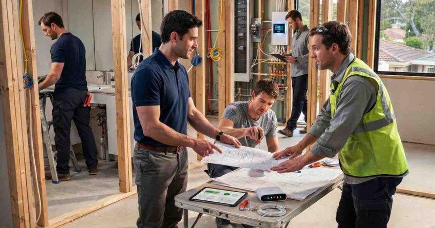 Male homeowner and male energy systems engineer reviewing smart electrical panel dashboards, solar integration, battery storage, and whole-home energy management systems in a luxury smart home.