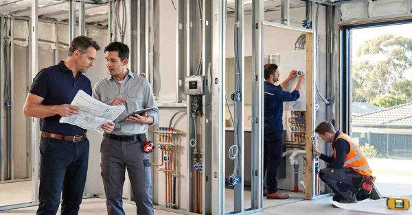 Male homeowner and male smart water management engineer reviewing leak detection sensor network plans while smart water sensors and monitoring devices are installed throughout a luxury home under construction.