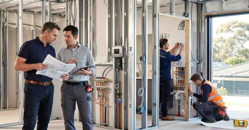 Male homeowner and male smart water management engineer reviewing leak detection sensor network plans while smart water sensors and monitoring devices are installed throughout a luxury home under construction.