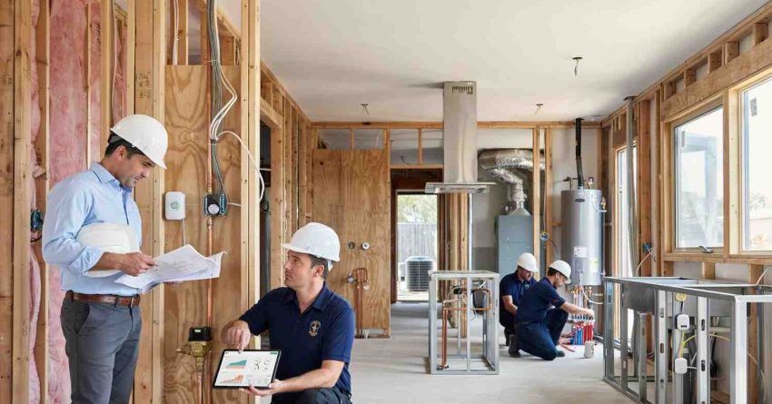 Male homeowner and male smart plumbing specialist reviewing whole-home smart water shutoff plans while leak sensors, automatic shutoff valves, and water monitoring systems are installed in a luxury home under construction.
