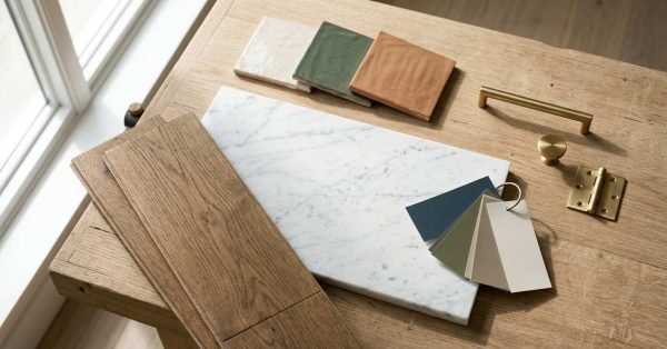 Interior design material mood board featuring white oak flooring planks, Carrara marble slab, zellige ceramic tiles, paint swatches, and brushed brass cabinet hardware on a wood desk
