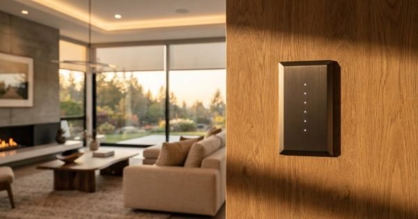 Dark metallic smart home keypad with LED indicator lights flush-mounted into a oak wood wall panel in a modern luxury living room