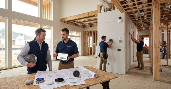 Male homeowner and male HVAC specialist reviewing smart thermostat options and climate control plans while advanced HVAC and zoning systems are installed in a luxury new-build home.