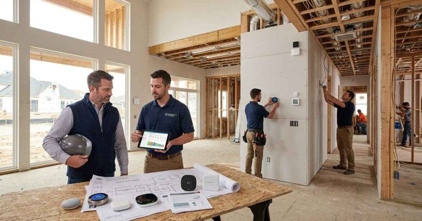 Male homeowner and male HVAC specialist reviewing smart thermostat options and climate control plans while advanced HVAC and zoning systems are installed in a luxury new-build home.