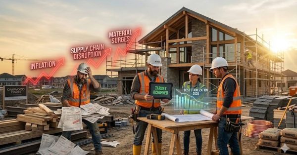 Construction workers review project plans at a residential building site amid rising inflation, supply chain disruptions, and material cost increases. Digital graphics highlight budget stabilization efforts during ongoing home construction.