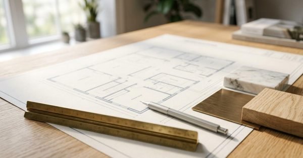 Architectural floor plan drawing displayed on a light wood desk with a brass scale ruler, silver drafting pencil, and material swatches of marble, brass, and oak
