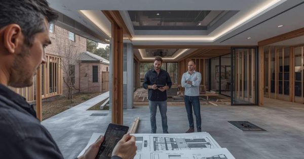 Male homeowner and male smart home project manager reviewing pre-wiring plans and technology infrastructure while structured network cabling, audio wiring, security systems, and automation wiring are installed in a luxury new-build home.