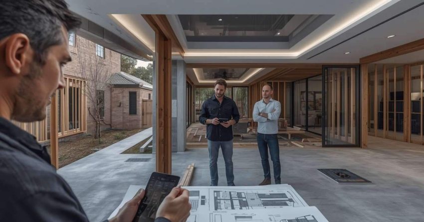 Male homeowner and male smart home project manager reviewing pre-wiring plans and technology infrastructure while structured network cabling, audio wiring, security systems, and automation wiring are installed in a luxury new-build home.