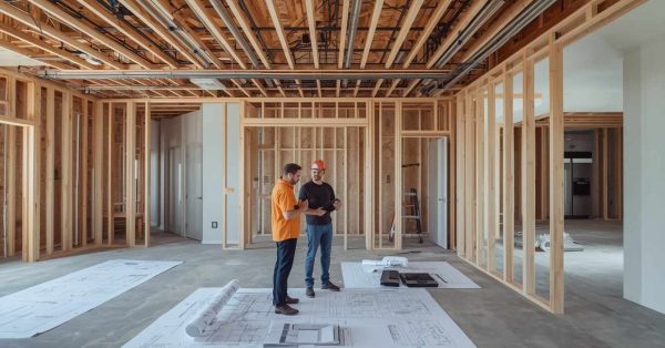 Senior male homeowner and male accessibility consultant reviewing aging-in-place smart home technology including voice controls, safety sensors, automated lighting, smart security, and accessibility features in a modern residence.