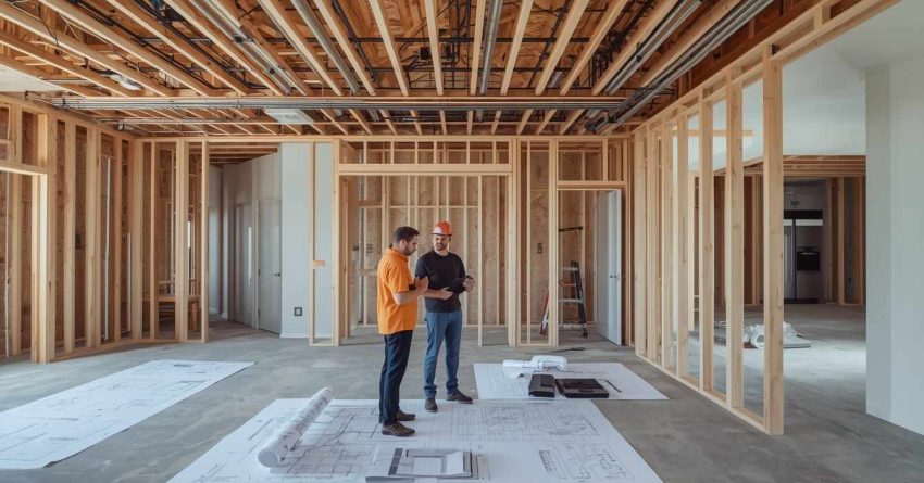 Senior male homeowner and male accessibility consultant reviewing aging-in-place smart home technology including voice controls, safety sensors, automated lighting, smart security, and accessibility features in a modern residence.