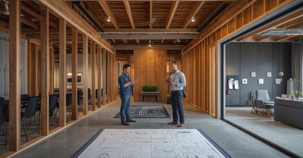 Male homeowner and male smart home architect reviewing Matter-compatible smart home plans while future-ready automation, networking, lighting, security, and climate control infrastructure are installed in a luxury new-build home.