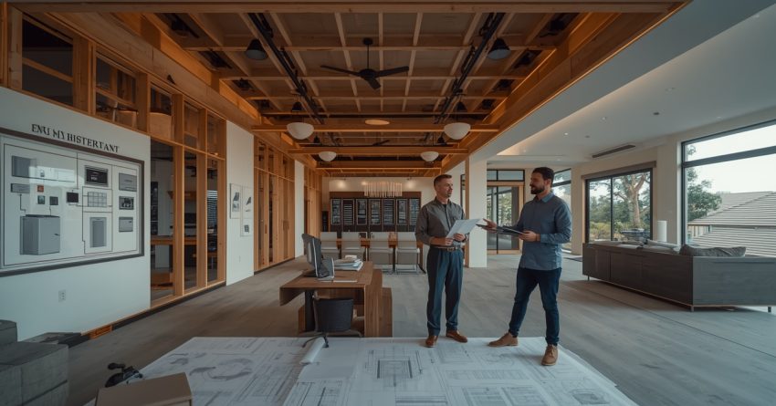Male homeowner and male smart home consultant reviewing centralized automation plans while networking equipment, smart home controllers, security systems, and whole-home technology infrastructure are installed in a luxury new-build residence.