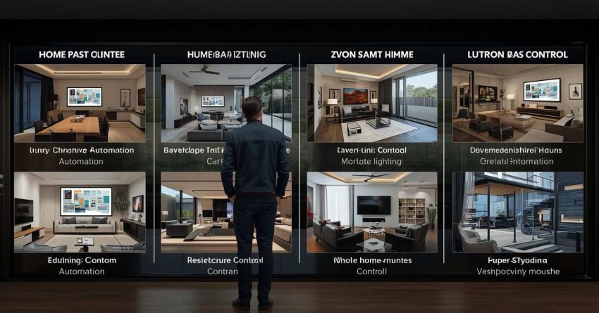 Male homeowner and male smart home systems designer comparing advanced home automation, lighting control, security, entertainment, and climate systems within a luxury modern smart home.