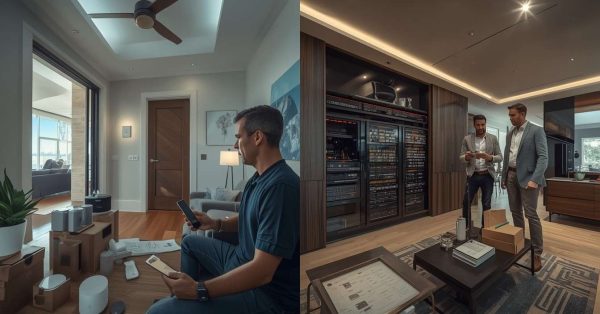 Side-by-side comparison of a DIY smart home and a professionally integrated smart home featuring male homeowners, advanced automation systems, lighting controls, security technology, and home networking infrastructure.