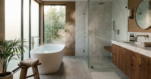 Modern spa bathroom featuring a freestanding soaking tub with steam, a glass-enclosed walk-in shower, marble wall tiles, and a floating walnut vanity