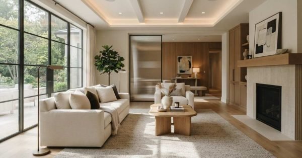 Modern luxury living room featuring a coffered ceiling with warm cove lighting, cream sofa, organic wood coffee table, fluted stone fireplace, and black grid glass patio doors
