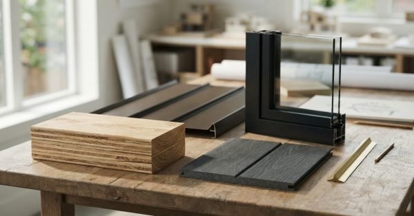 Architectural building material samples including a double-pane window corner profile, cross-laminated timber block, dark metal cladding, and composite siding on an oak workbench