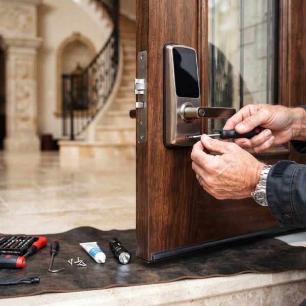 Professional locksmith installing a smart lock on a residential front door. Expert smart lock installation, electronic lock replacement, and home security upgrade services provide keyless entry, enhanced protection, and reliable residential locksmith solutions for modern homes.