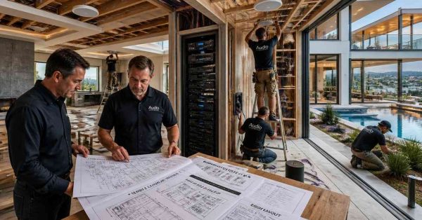 Male homeowner and male AV systems engineer reviewing whole-home audio distribution plans while architectural speakers, multi-zone audio wiring, and centralized entertainment infrastructure are installed in a luxury smart home under construction.