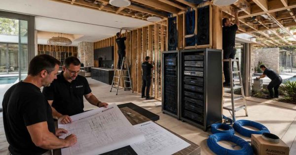 Male homeowner and male smart home systems architect reviewing a connected smart home ecosystem featuring smart lighting, security, climate control, networking equipment, and advanced home automation infrastructure.