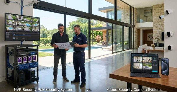 Side-by-side comparison of NVR and cloud security camera systems with male homeowners and security specialists reviewing surveillance infrastructure, camera networks, and smart home security technology in a luxury residence.