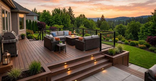 Elevated backyard deck overlooks a lush, landscaped valley at sunset. The outdoor living space features comfortable sectional seating surrounding a fire table, glass railings, integrated stair lighting, decorative planters, and a barbecue grill. Warm evening light enhances the modern deck design, creating a relaxing setting for entertaining and enjoying scenic views