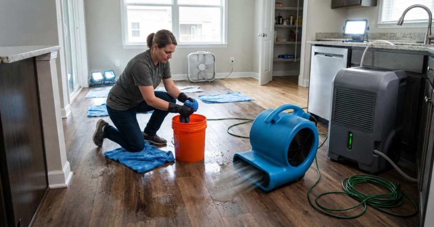 A homeowner cleans water-damaged flooring in a kitchen using towels and buckets while industrial air movers and dehumidifiers dry the room, showing an active residential water damage restoration process