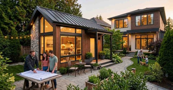 Modern backyard accessory dwelling unit with warm interior lighting, metal roof, and large glass windows beside a contemporary family home. Homeowners and contractor review building plans outdoors while residents enjoy landscaped gardens and patio spaces. Cozy ADU design highlights multigenerational living, compact sustainable housing, modern architecture, and functional residential backyard development at sunset