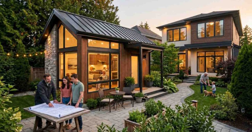 Modern backyard accessory dwelling unit with warm interior lighting, metal roof, and large glass windows beside a contemporary family home. Homeowners and contractor review building plans outdoors while residents enjoy landscaped gardens and patio spaces. Cozy ADU design highlights multigenerational living, compact sustainable housing, modern architecture, and functional residential backyard development at sunset