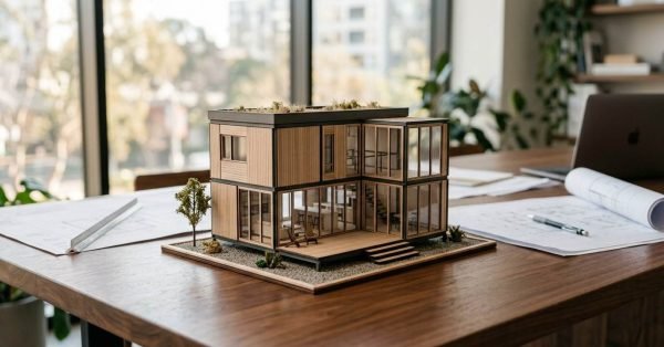 Architectural scale model of a modern two-story modular prefab home with a green rooftop garden, set on a wooden conference table alongside rolled blueprints and a laptop