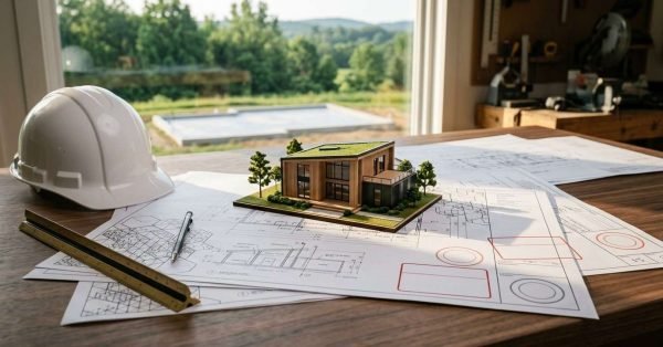 A miniature architectural scale model of a modern green-roof cabin resting on detailed blueprint floor plans beside a white hard hat and scale ruler, with an active home build site visible through the window