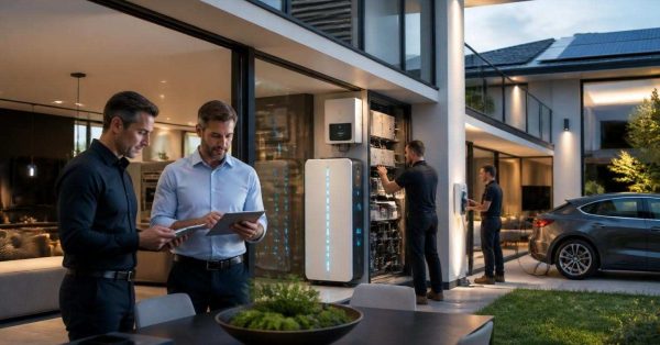Male homeowner and male smart home consultant reviewing AI-powered automation, energy management, security, lighting, and smart home technologies inside a luxury 2026 smart home.