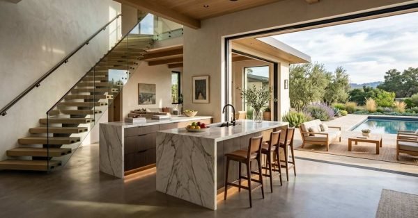 Modern open-concept kitchen and living area featuring marble waterfall islands, leather barstools, a floating staircase, and sliding glass doors opening to a backyard pool patio