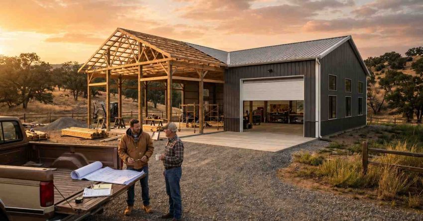 Two men discussing construction plans beside a pickup truck at a rural property with a partially built timber-frame barn and metal workshop. The scene features blueprints, tools, and an open garage under a warm sunset sky