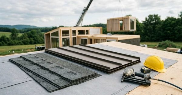 A rooftop construction staging area featuring stacks of asphalt shingles, bronze standing seam metal panels, a pneumatic nail gun, and a yellow hard hat, with a crane hoisting a modular prefab home unit in the background