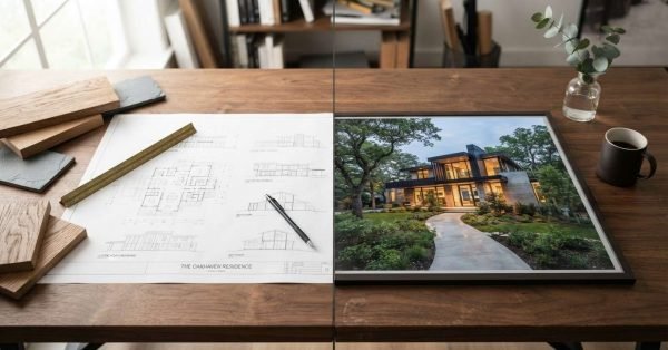 Split-screen view showing architectural blueprints with wood and stone samples on the left transitioning into a framed photograph of the completed modern luxury home on the right